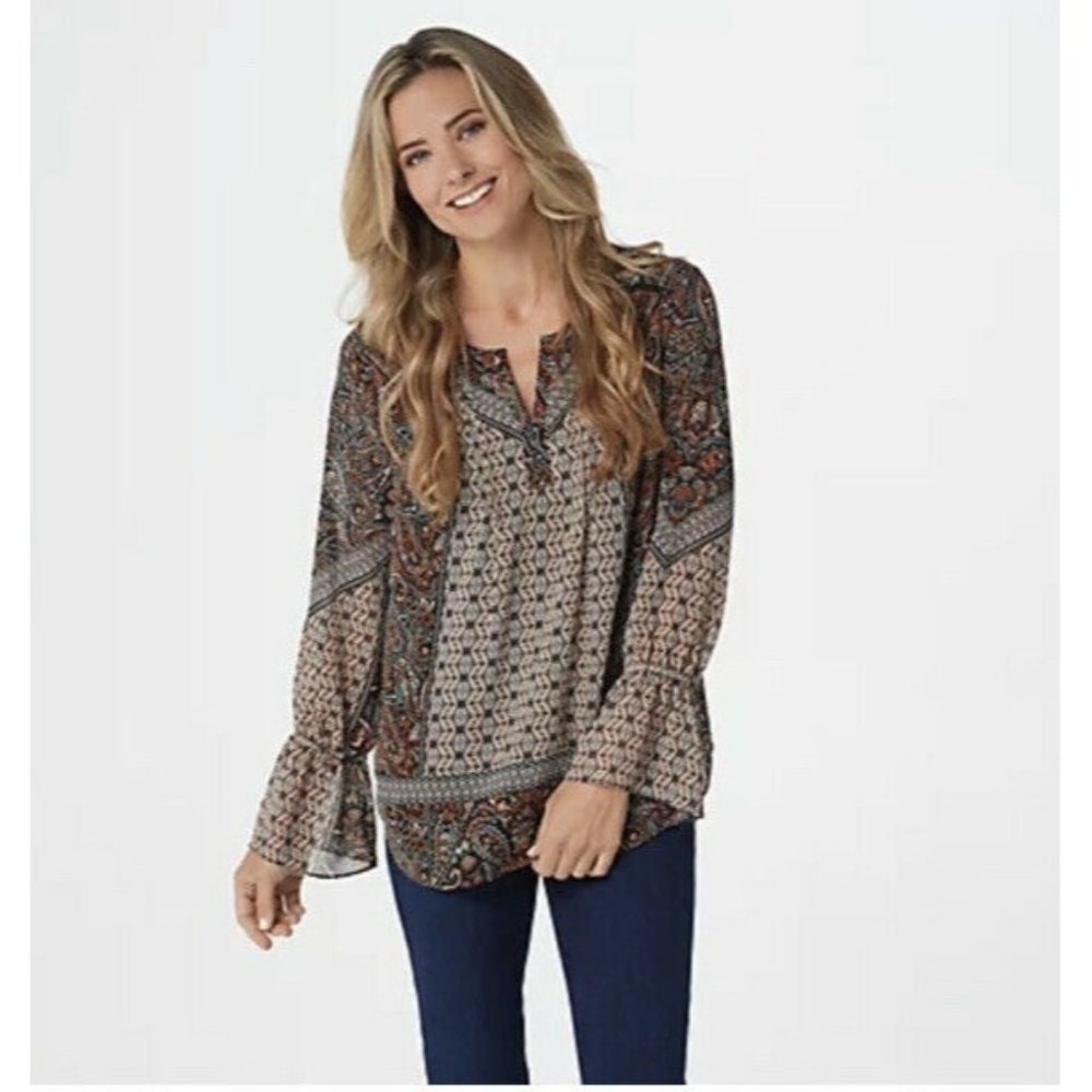 Belle By Kim Gravel Mosaic Blouse Espresso/Orange Flounce Sleeves Size Large EUC